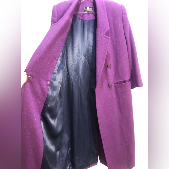 Vintage 80s Retro Purple Statement Full Oversized Wool Maxi Trench Coat Sz L - Picture 2 of 6